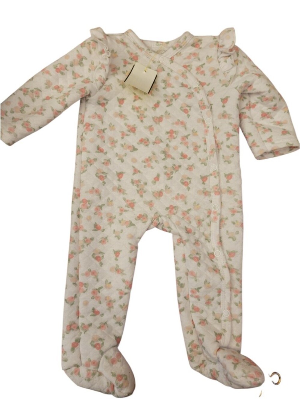 Shabby Chic Romper Quilted Cream with Pink Rose Print Footies Sz 0-3 Months